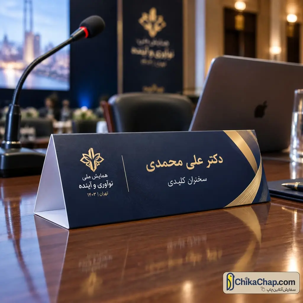 خرید کاغذ PP پشت چسب دار و چاپ استندهای رومیزی همایشی و اداری